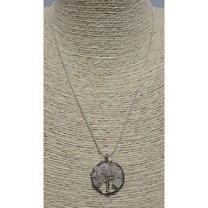 Silver Family Tree Of Life Pendant Necklace White Quartz Gemstone Chakra Wire
